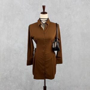 Chocolate Brown Button Down Lace-Up Sides Long Sleeve Mini Dress